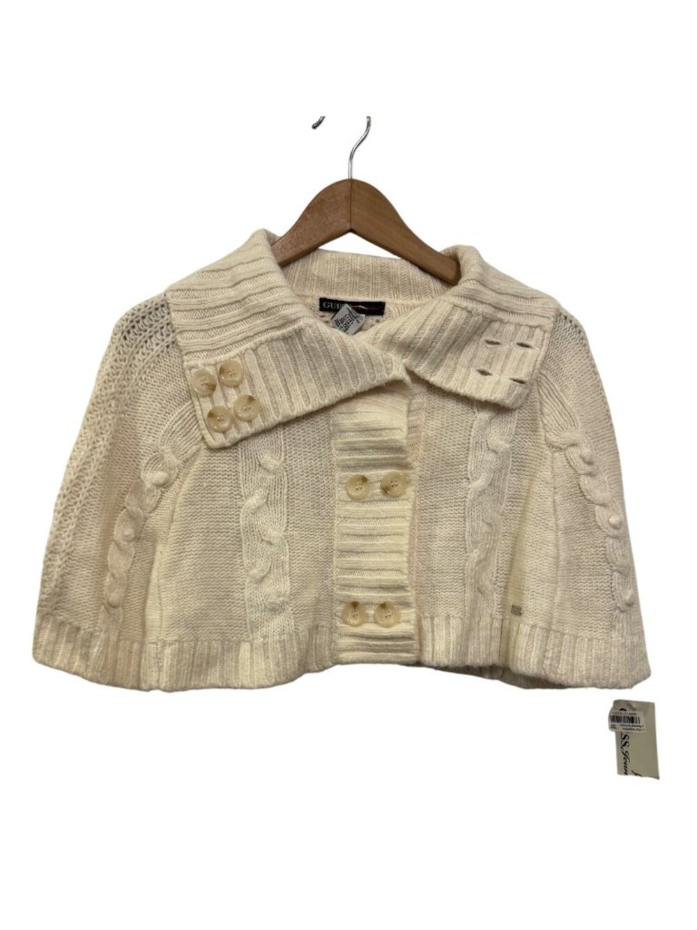 Guess Ivory Cable Knit Button-Up Cropped Sweater L(14) Ramie Acrylic Blend